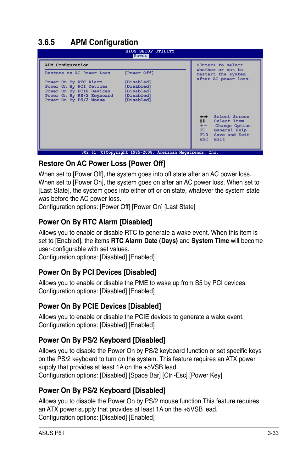 5 apm configuration, Apm configuration -33, Restore on ac power loss [power off | Power on by rtc alarm [disabled, Power on by pci devices [disabled, Power on by pcie devices [disabled, Power on by ps/2 keyboard [disabled | Asus P6T User Manual | Page 101 / 188