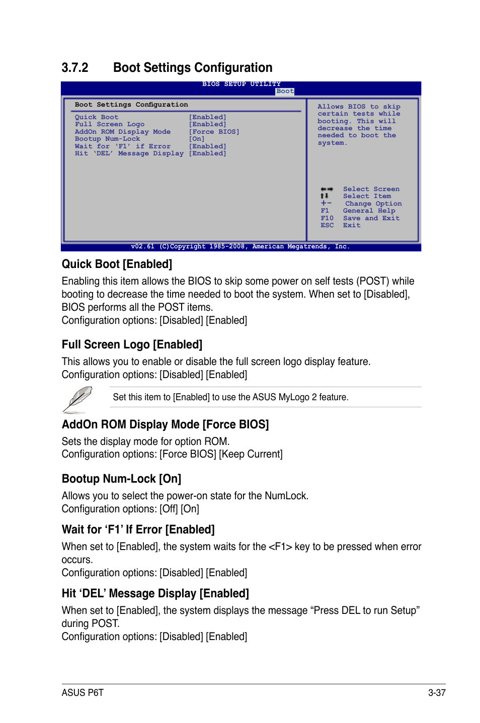 2 boot settings configuration, Boot settings configuration -37, Quick boot [enabled | Full screen logo [enabled, Addon rom display mode [force bios, Bootup num-lock [on, Wait for ‘f1’ if error [enabled, Hit ‘del’ message display [enabled | Asus P6T User Manual | Page 105 / 188