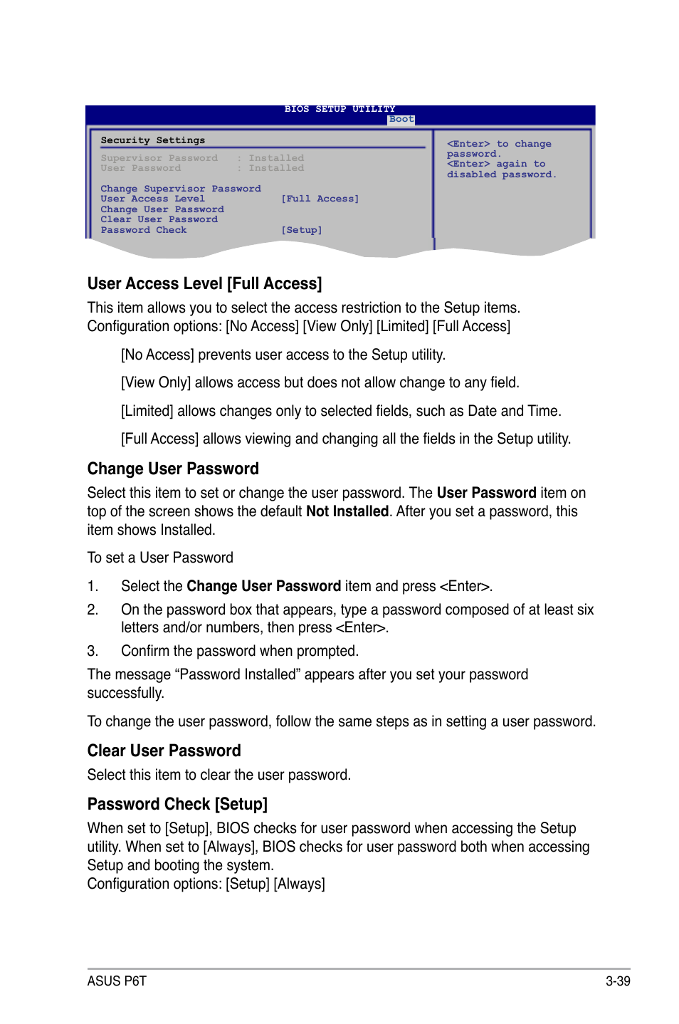 User access level [full access, Change user password, Clear user password | Password check [setup | Asus P6T User Manual | Page 107 / 188