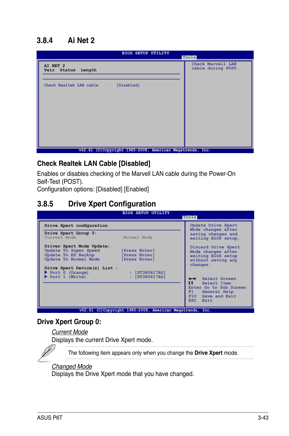 4 ai net 2, 5 drive xpert configuration, Ai net 2 -43 | Drive xpert configuration -43, Check realtek lan cable [disabled, Drive xpert group 0, Current mode displays the current drive xpert mode | Asus P6T User Manual | Page 111 / 188