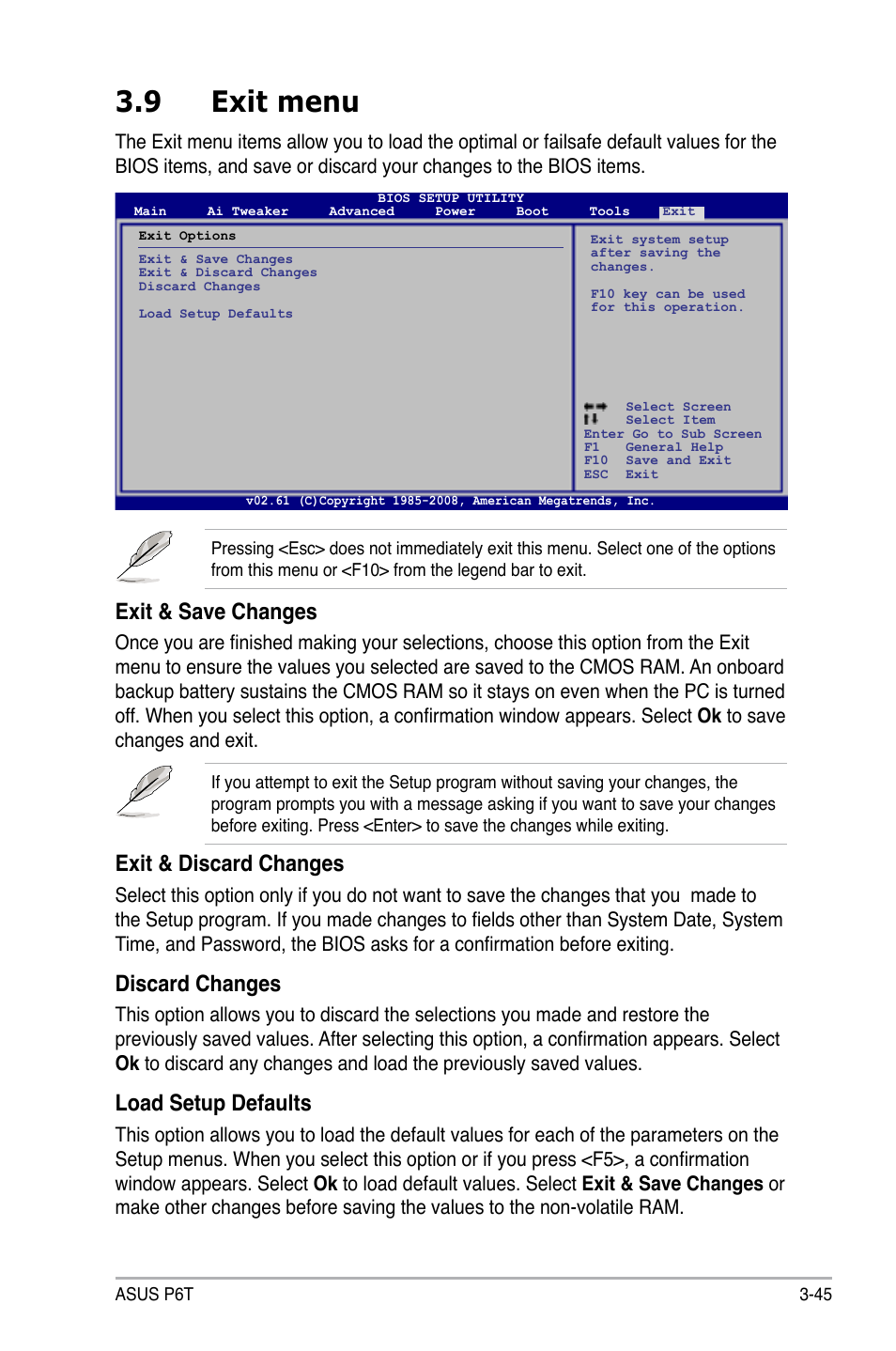 9 exit menu, Exit menu -45, Exit & save changes | Exit & discard changes, Discard changes, Load setup defaults | Asus P6T User Manual | Page 113 / 188