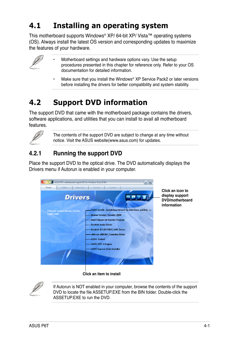 1 installing an operating system, 2 support dvd information, 1 running the support dvd | Installing an operating system -1, Support dvd information -1 4.2.1, Running the support dvd -1 | Asus P6T User Manual | Page 117 / 188