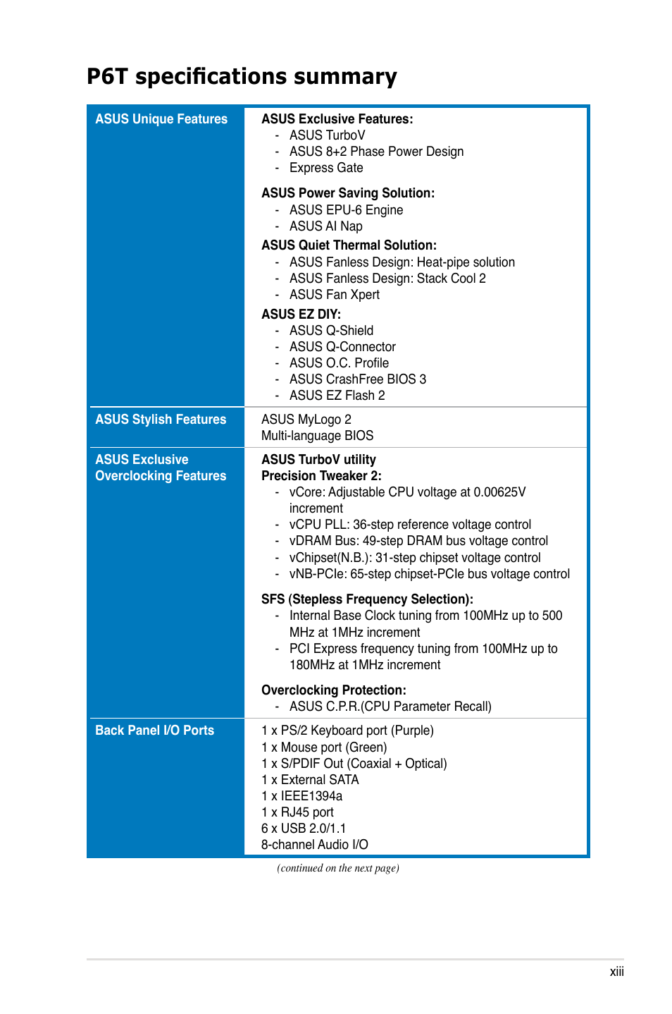 P6t specifications summary | Asus P6T User Manual | Page 13 / 188