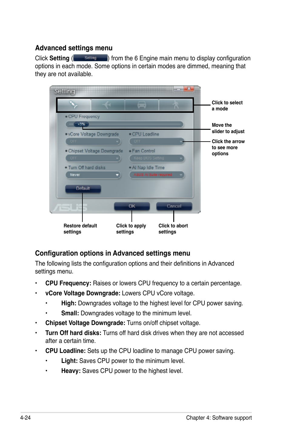 Configuration options in advanced settings menu, Advanced settings menu | Asus P6T User Manual | Page 140 / 188