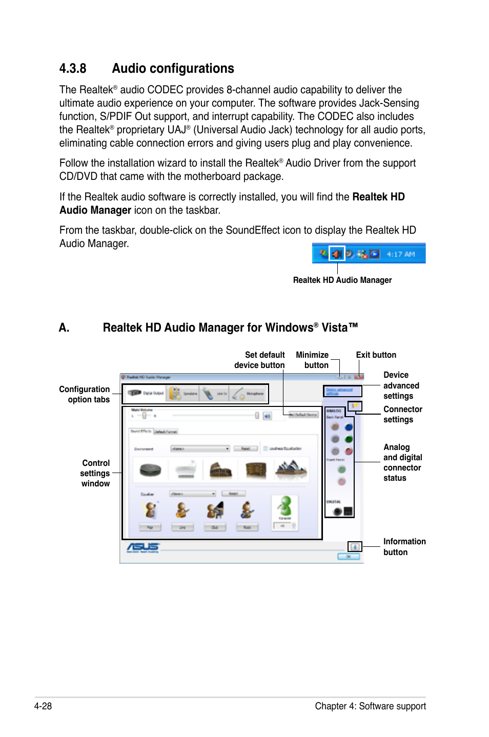 8 audio configurations, Audio configurations -28, A. realtek hd audio manager for windows | Vista | Asus P6T User Manual | Page 144 / 188