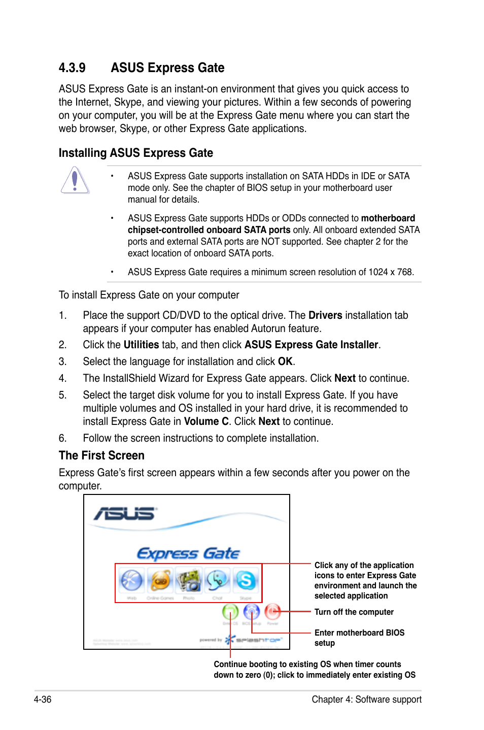 9 asus express gate, Asus express gate -36, Installing asus express gate | The first screen | Asus P6T User Manual | Page 152 / 188