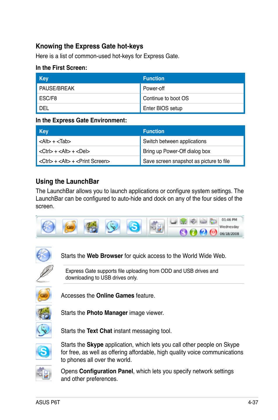 Knowing the express gate hot-keys, Using the launchbar | Asus P6T User Manual | Page 153 / 188