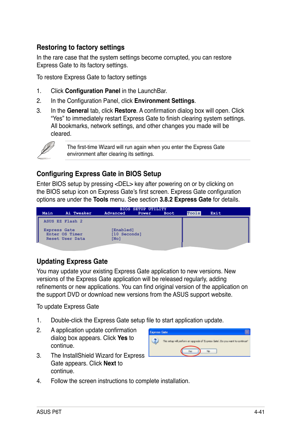 Restoring to factory settings, Configuring express gate in bios setup, Updating express gate | Asus P6T User Manual | Page 157 / 188