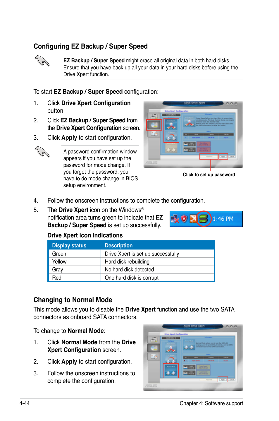 Configuring ez backup / super speed, Changing to normal mode | Asus P6T User Manual | Page 160 / 188