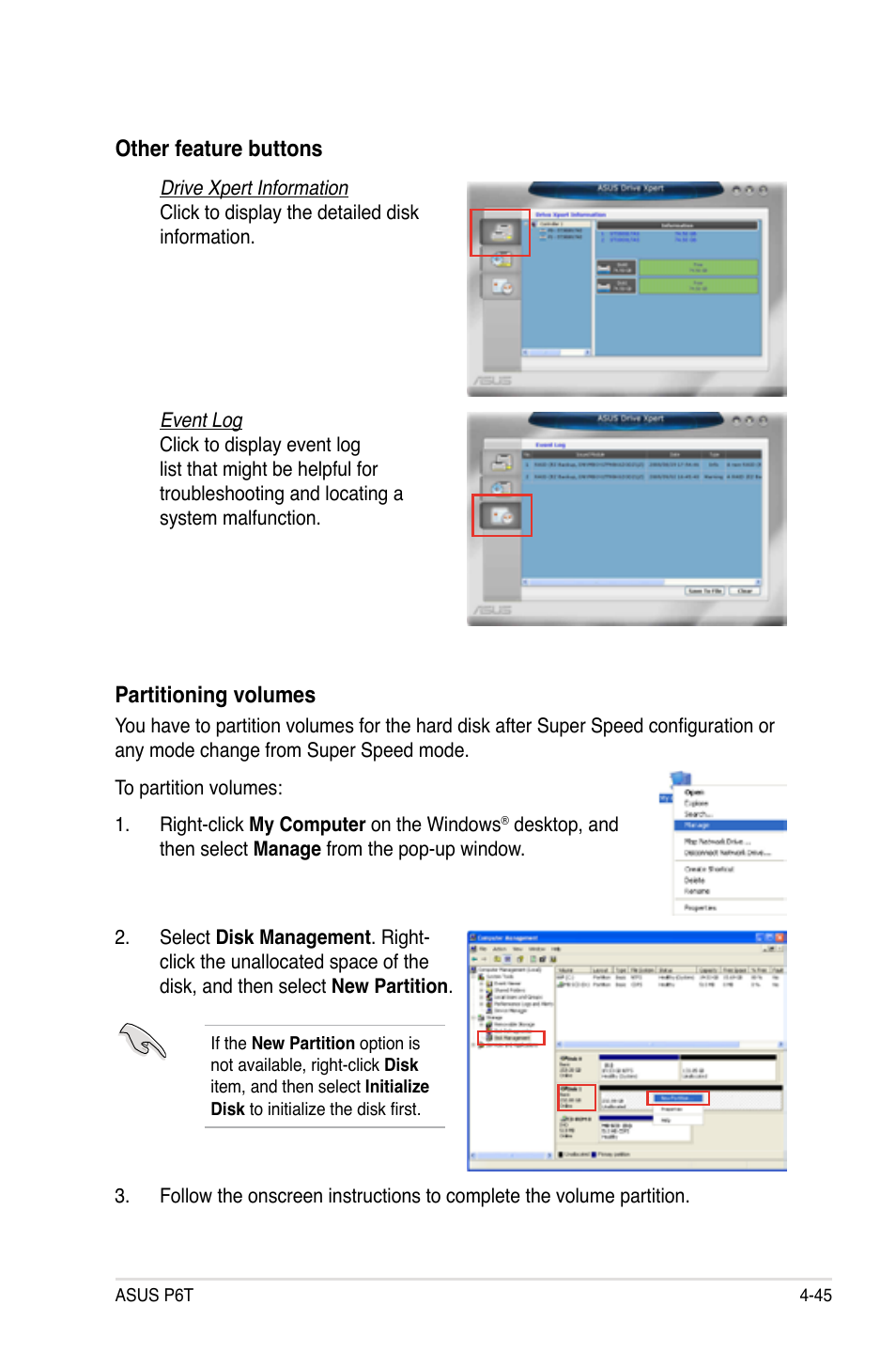 Partitioning volumes, Other feature buttons | Asus P6T User Manual | Page 161 / 188