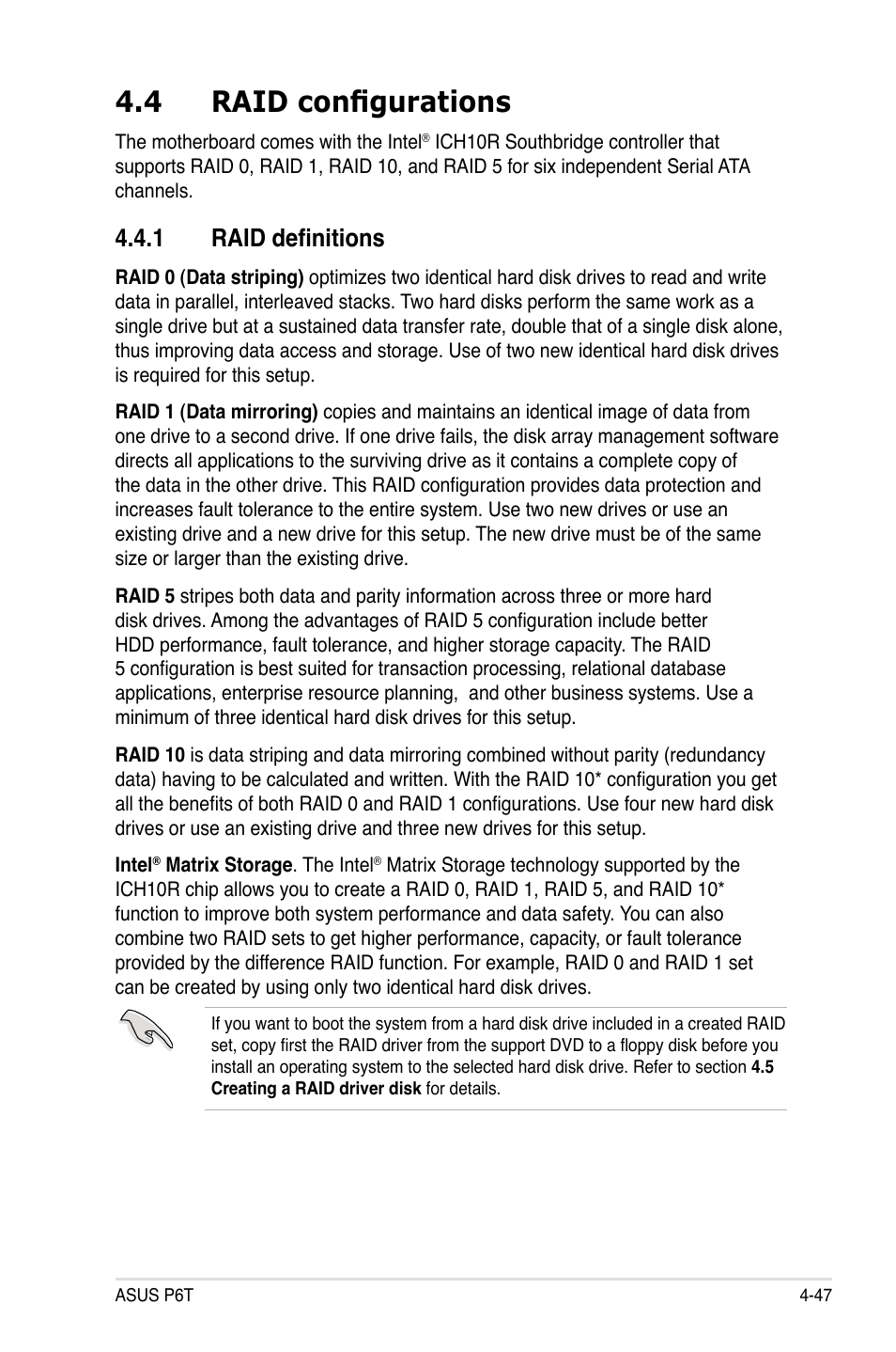4 raid configurations, 1 raid definitions, Raid configurations -47 4.4.1 | Raid definitions -47 | Asus P6T User Manual | Page 163 / 188