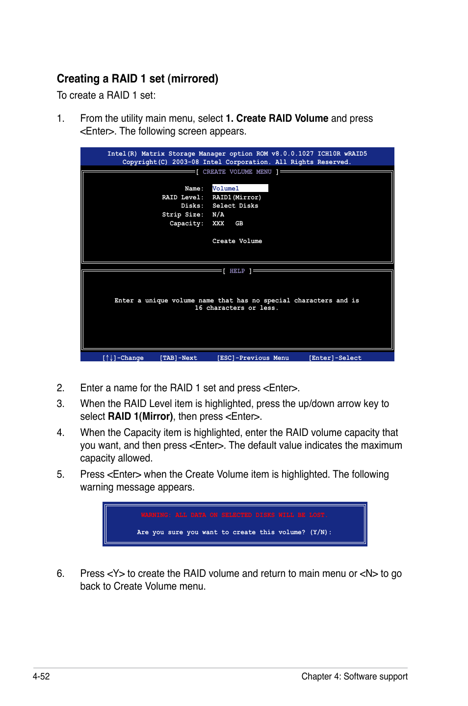 Creating a raid 1 set (mirrored) | Asus P6T User Manual | Page 168 / 188