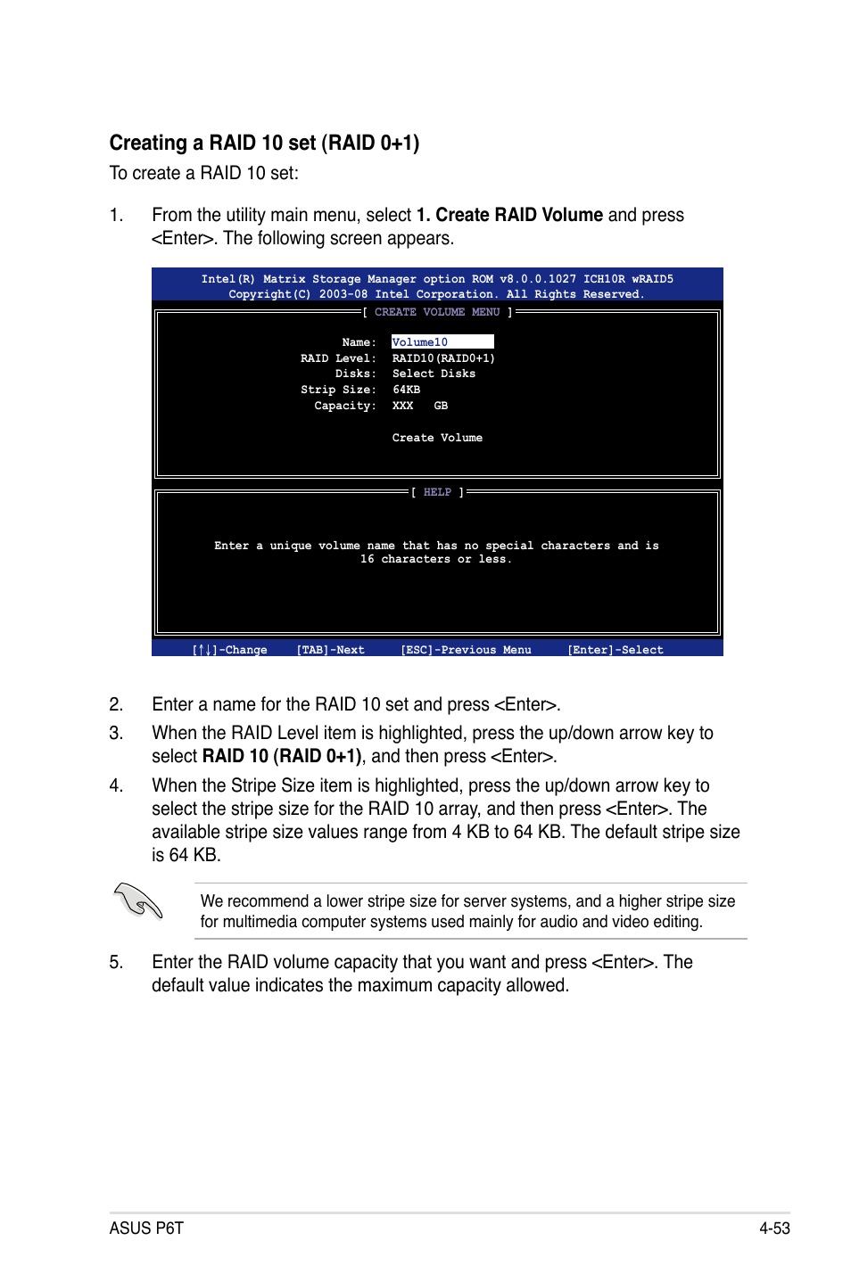 Creating a raid 10 set (raid 0+1) | Asus P6T User Manual | Page 169 / 188