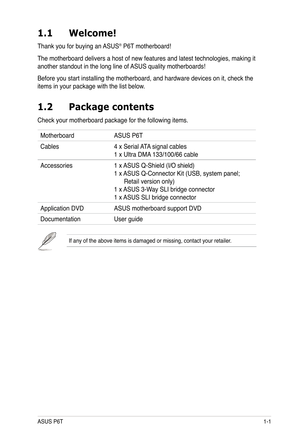 1 welcome, 2 package contents, Welcome! -1 | Package contents -1 | Asus P6T User Manual | Page 17 / 188