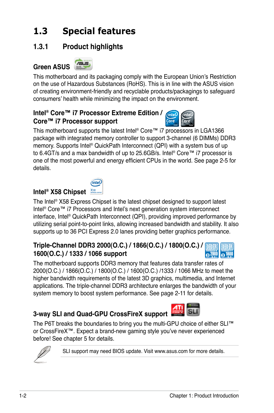 3 special features, 1 product highlights, Special features -2 1.3.1 | Product highlights -2 | Asus P6T User Manual | Page 18 / 188