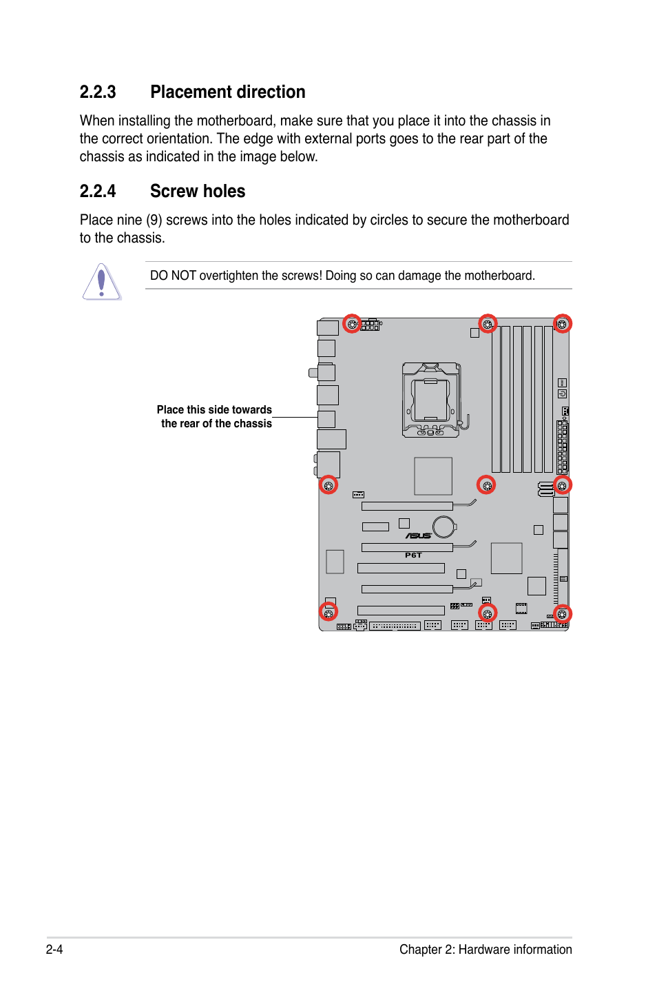 3 placement direction, 4 screw holes, Placement direction -4 | Screw holes -4 | Asus P6T User Manual | Page 28 / 188