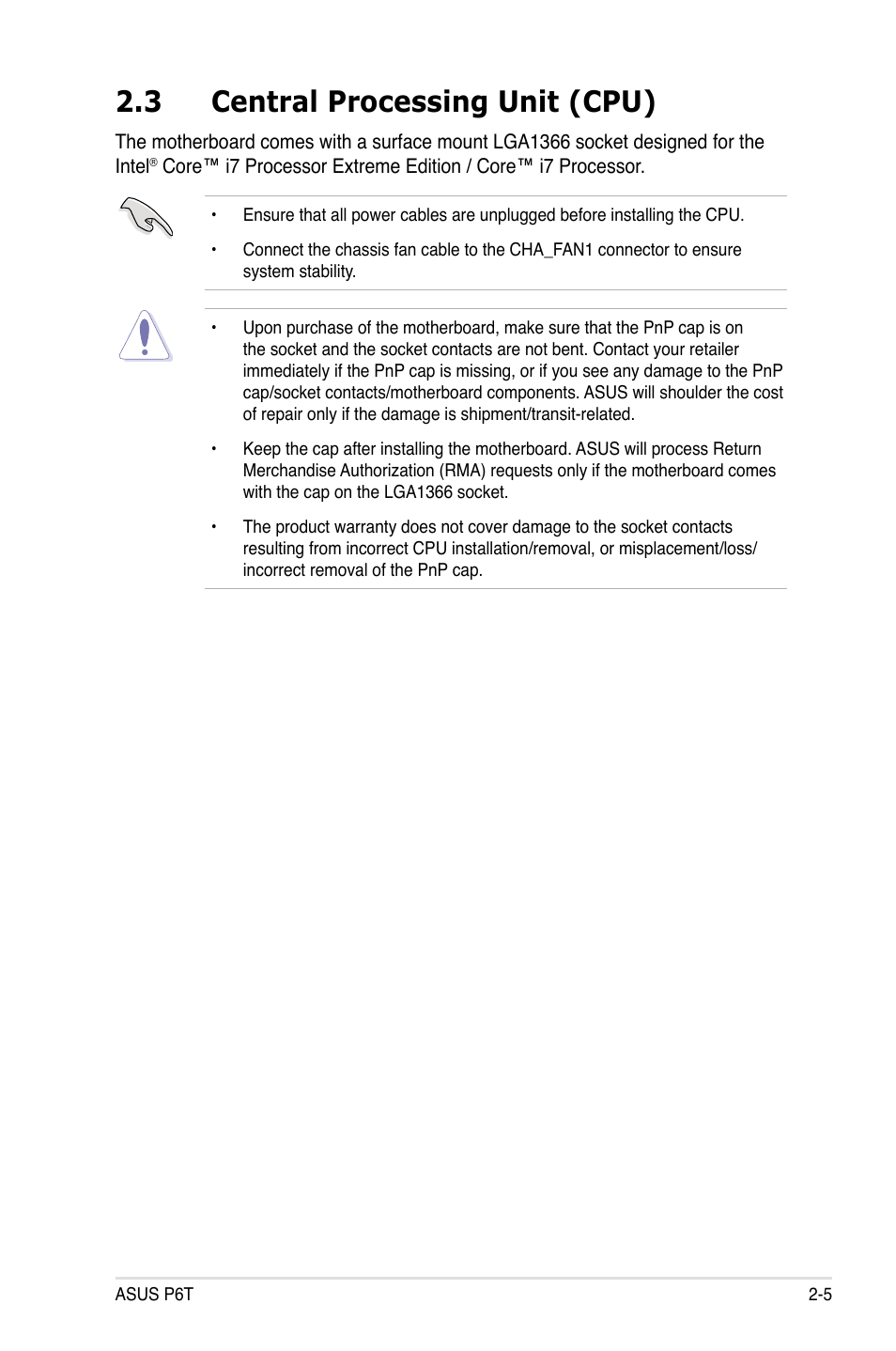 3 central processing unit (cpu), Central processing unit (cpu) -5 | Asus P6T User Manual | Page 29 / 188