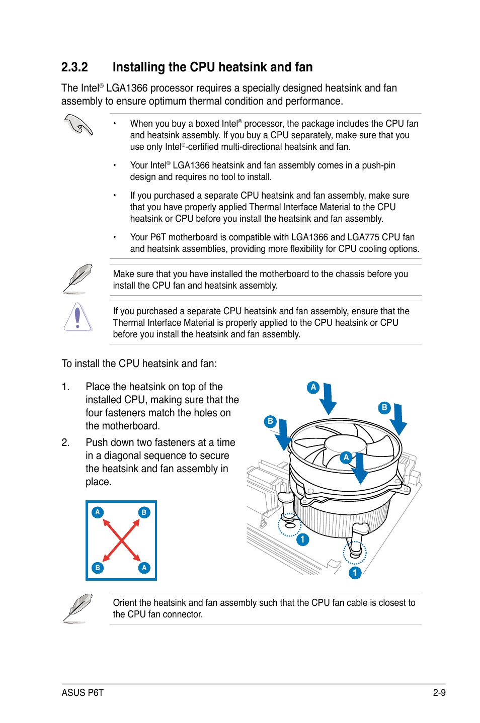 2 installing the cpu heatsink and fan, Installing the cpu heatsink and fan -9 | Asus P6T User Manual | Page 33 / 188