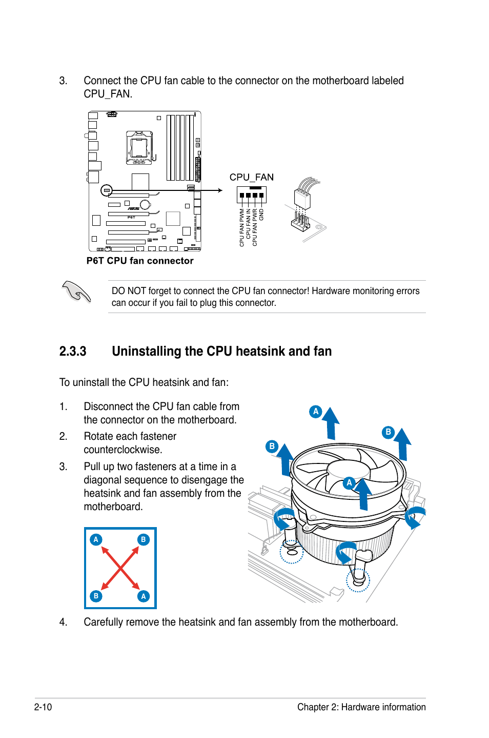 3 uninstalling the cpu heatsink and fan, Uninstalling the cpu heatsink and fan -10 | Asus P6T User Manual | Page 34 / 188