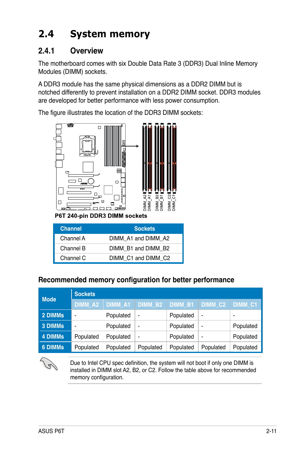 4 system memory, 1 overview, System memory -11 2.4.1 | Overview -11 | Asus P6T User Manual | Page 35 / 188