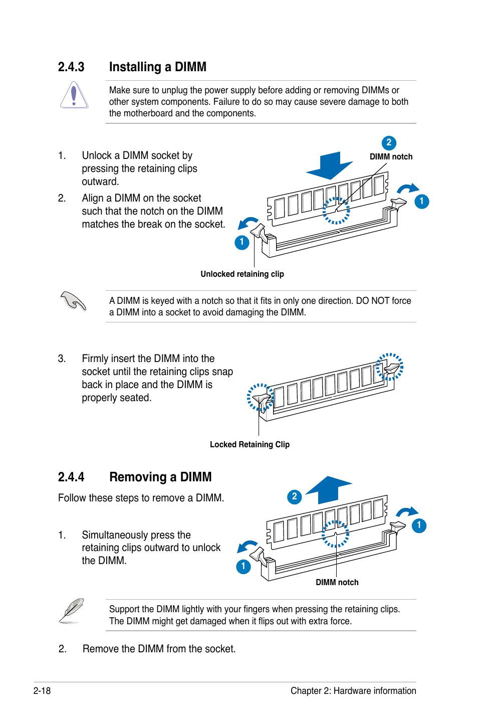 3 installing a dimm, 4 removing a dimm, Installing a dimm -18 | Removing a dimm -18 | Asus P6T User Manual | Page 42 / 188