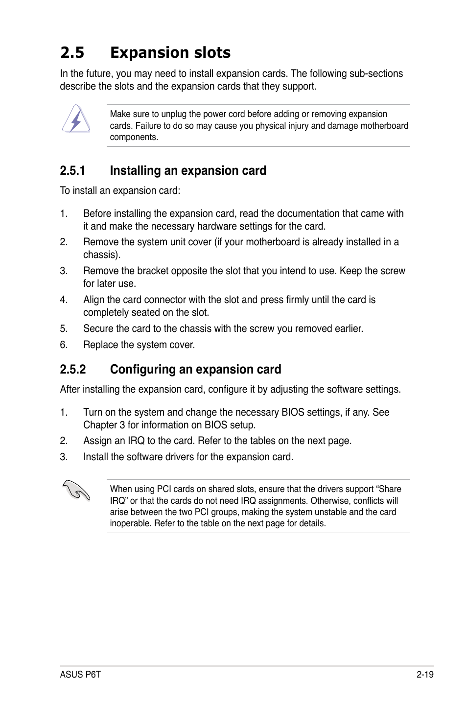 5 expansion slots, 1 installing an expansion card, 2 configuring an expansion card | Expansion slots -19 2.5.1, Installing an expansion card -19, Configuring an expansion card -19 | Asus P6T User Manual | Page 43 / 188