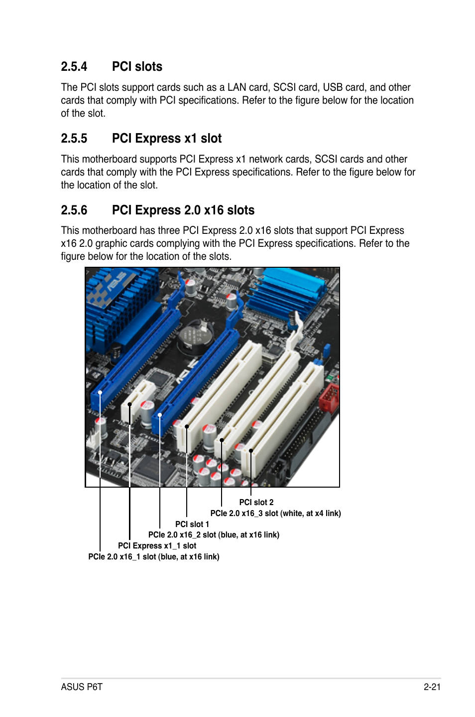 4 pci slots, 5 pci express x1 slot, 6 pci express 2.0 x16 slots | Pci slots -21, Pci express x1 slot -21, Pci express 2.0 x16 slots -21 | Asus P6T User Manual | Page 45 / 188