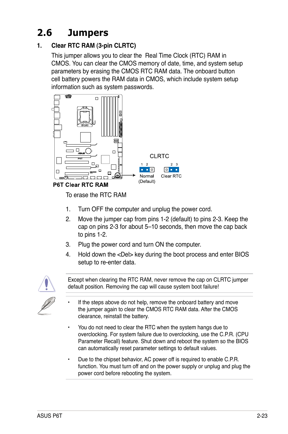 6 jumpers, Jumpers -23 | Asus P6T User Manual | Page 47 / 188