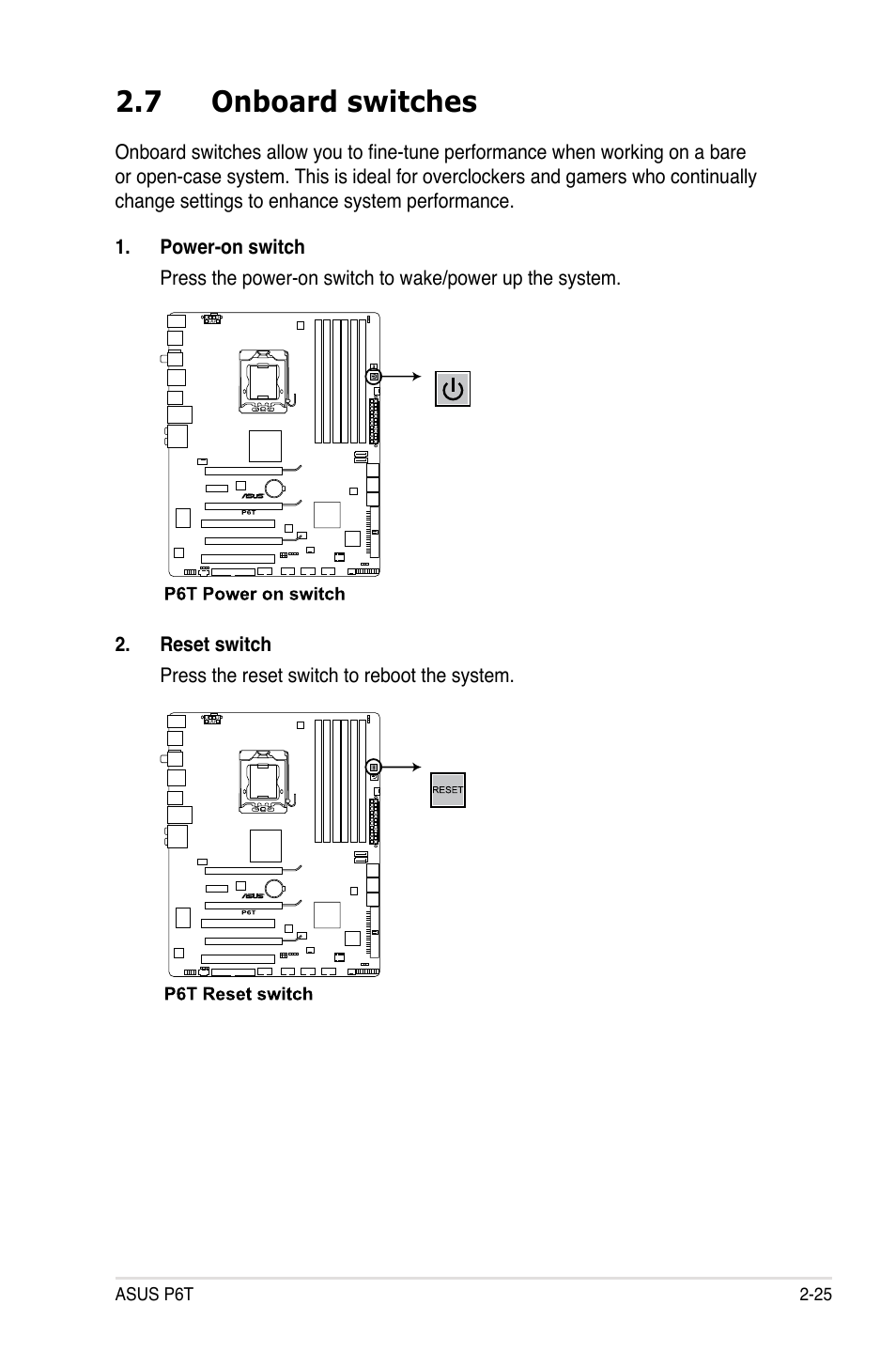 7 onboard switches, Onboard switches -25 | Asus P6T User Manual | Page 49 / 188