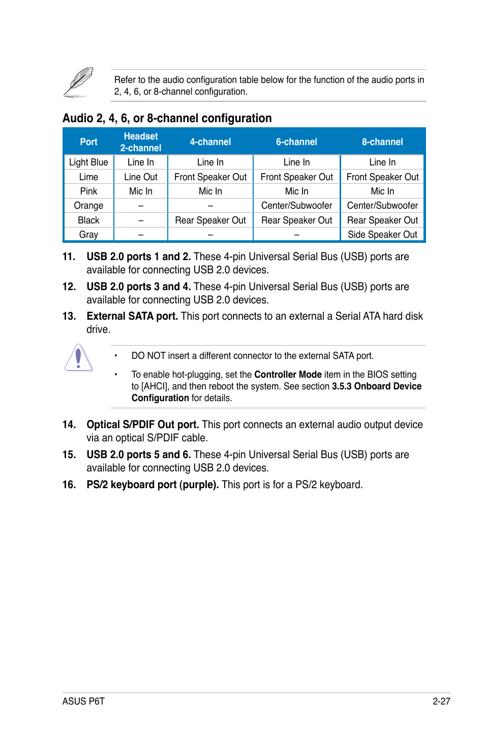 Audio 2, 4, 6, or 8-channel configuration | Asus P6T User Manual | Page 51 / 188