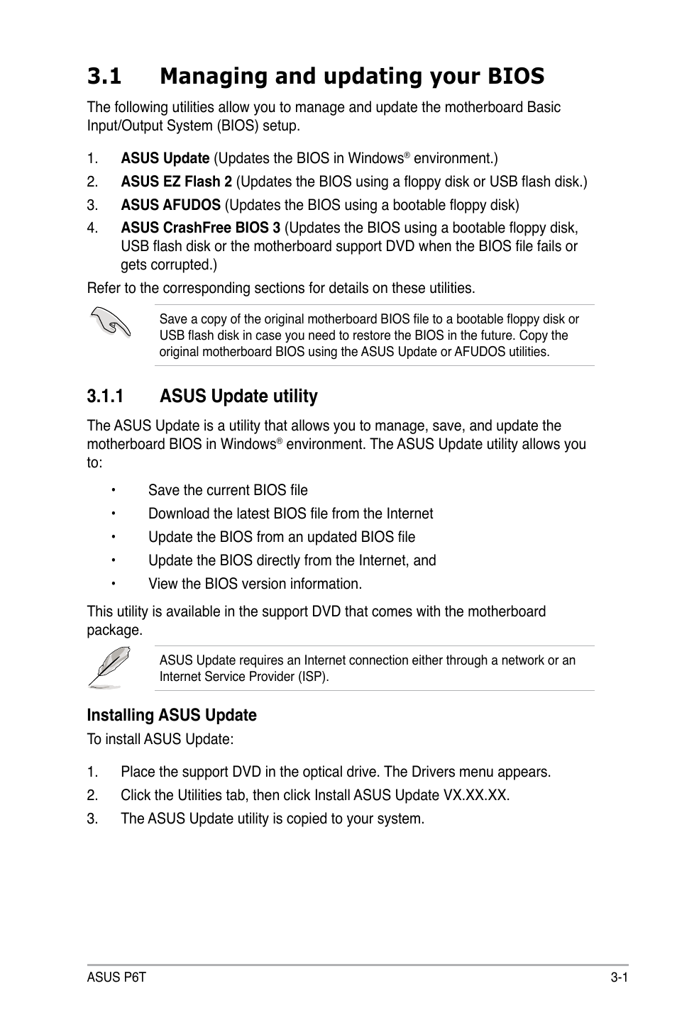 1 managing and updating your bios, 1 asus update utility, Managing and updating your bios -1 3.1.1 | Asus update utility -1 | Asus P6T User Manual | Page 69 / 188