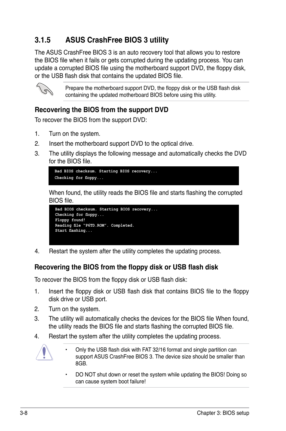 5 asus crashfree bios 3 utility, Asus crashfree bios 3 utility -8, Recovering the bios from the support dvd | Asus P6T User Manual | Page 76 / 188