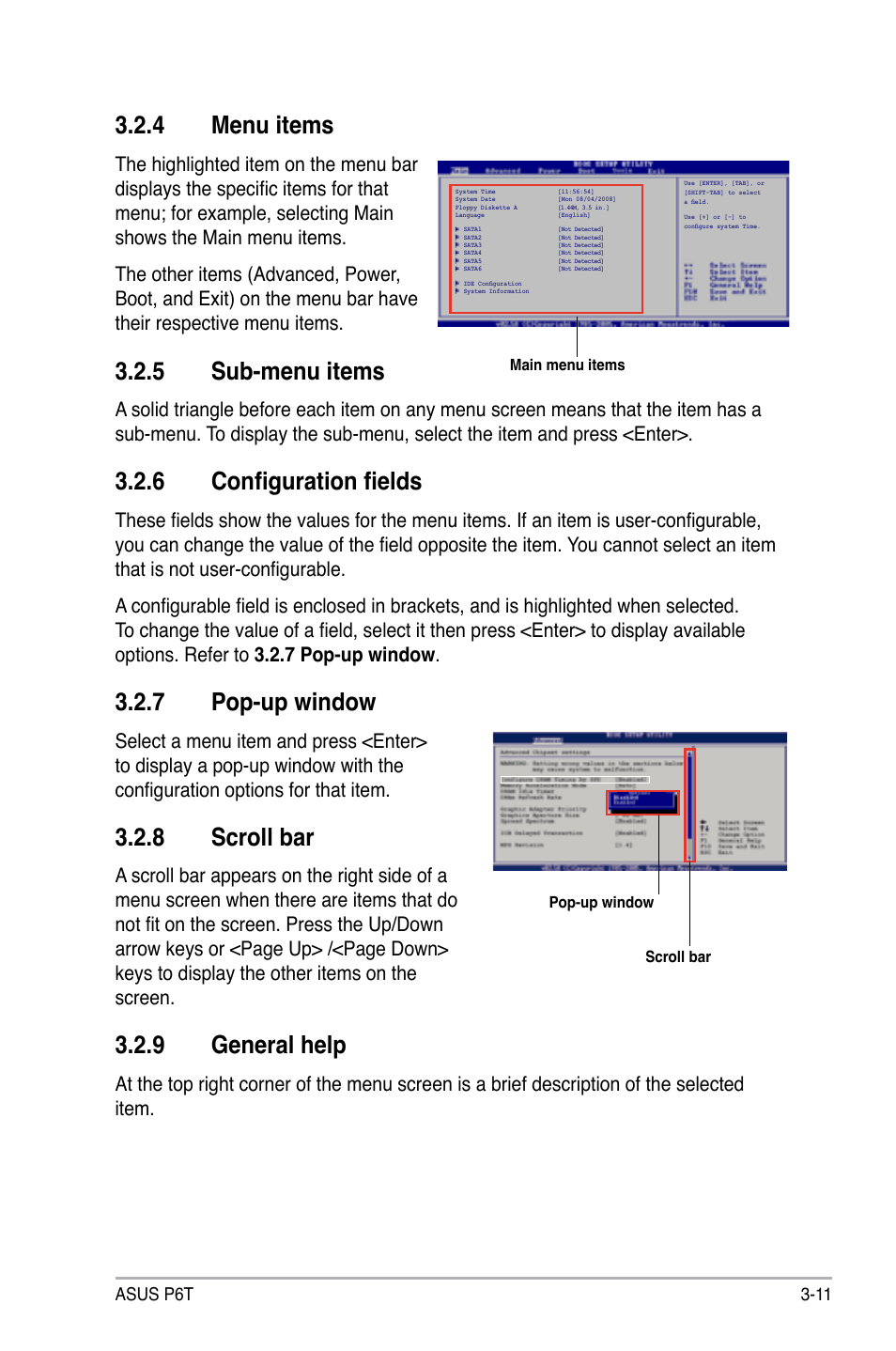 4 menu items, 5 sub-menu items, 6 configuration fields | 7 pop-up window, 8 scroll bar, 9 general help, Menu items -11, Sub-menu items -11, Configuration fields -11, Pop-up window -11 | Asus P6T User Manual | Page 79 / 188