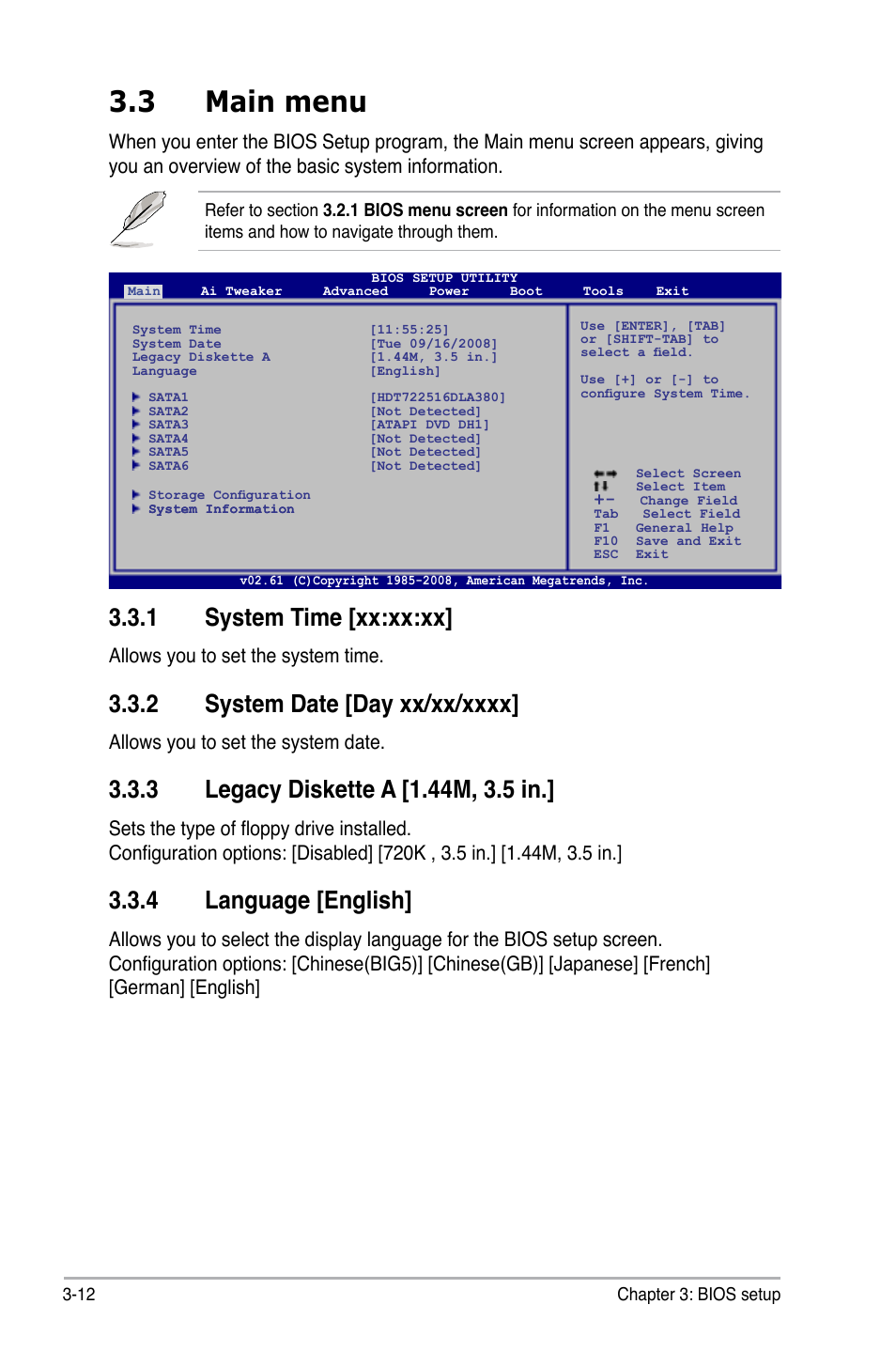 3 main menu, 1 system time [xx:xx:xx, 2 system date [day xx/xx/xxxx | 3 legacy diskette a [1.44m, 3.5 in, 4 language [english, Main menu -12 3.3.1, System time -12, System date -12, Legacy diskette a -12, Language -12 | Asus P6T User Manual | Page 80 / 188