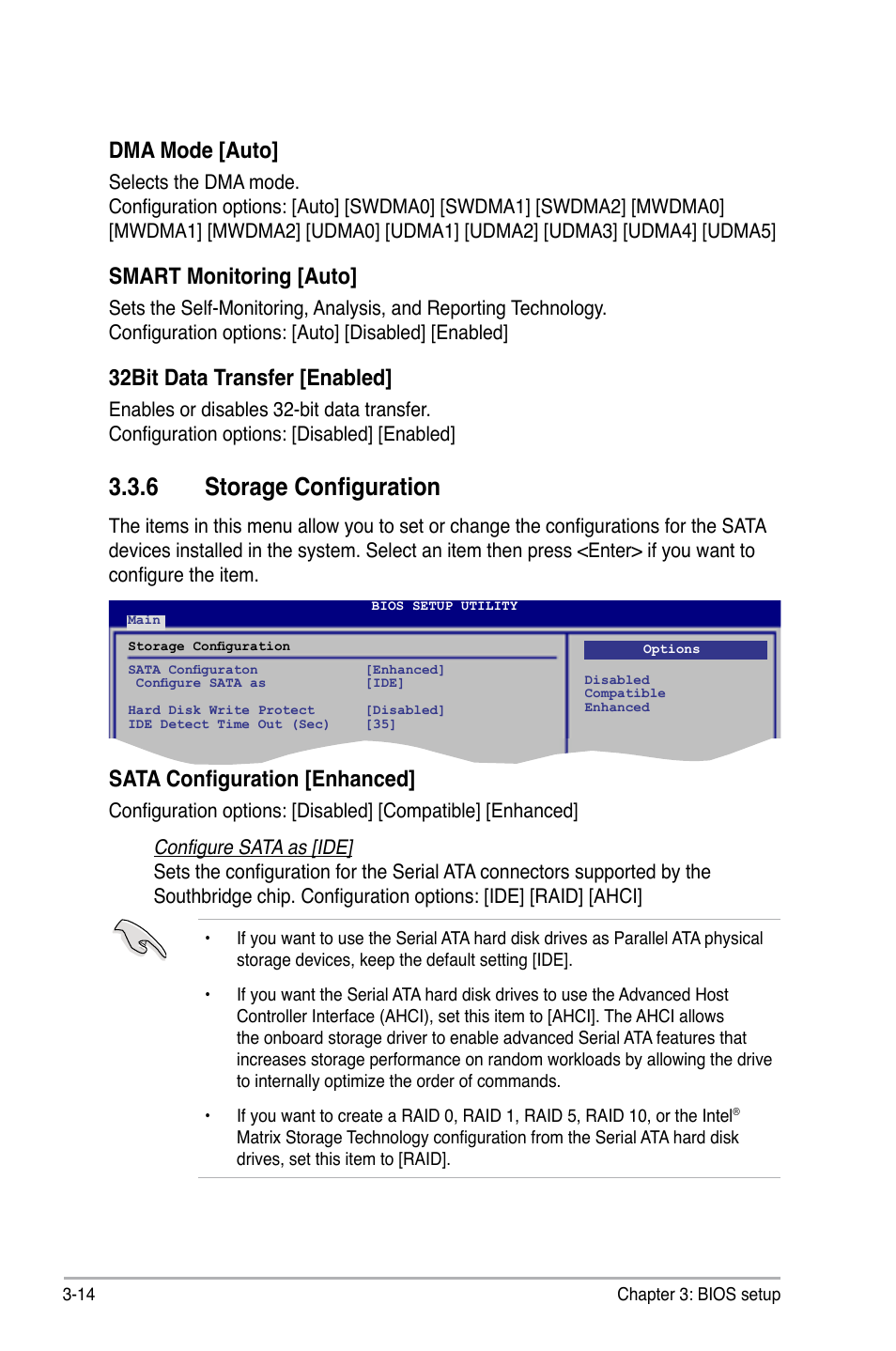 6 storage configuration, Storage configuration -14, Dma mode [auto | Smart monitoring [auto, 32bit data transfer [enabled, Sata configuration [enhanced | Asus P6T User Manual | Page 82 / 188