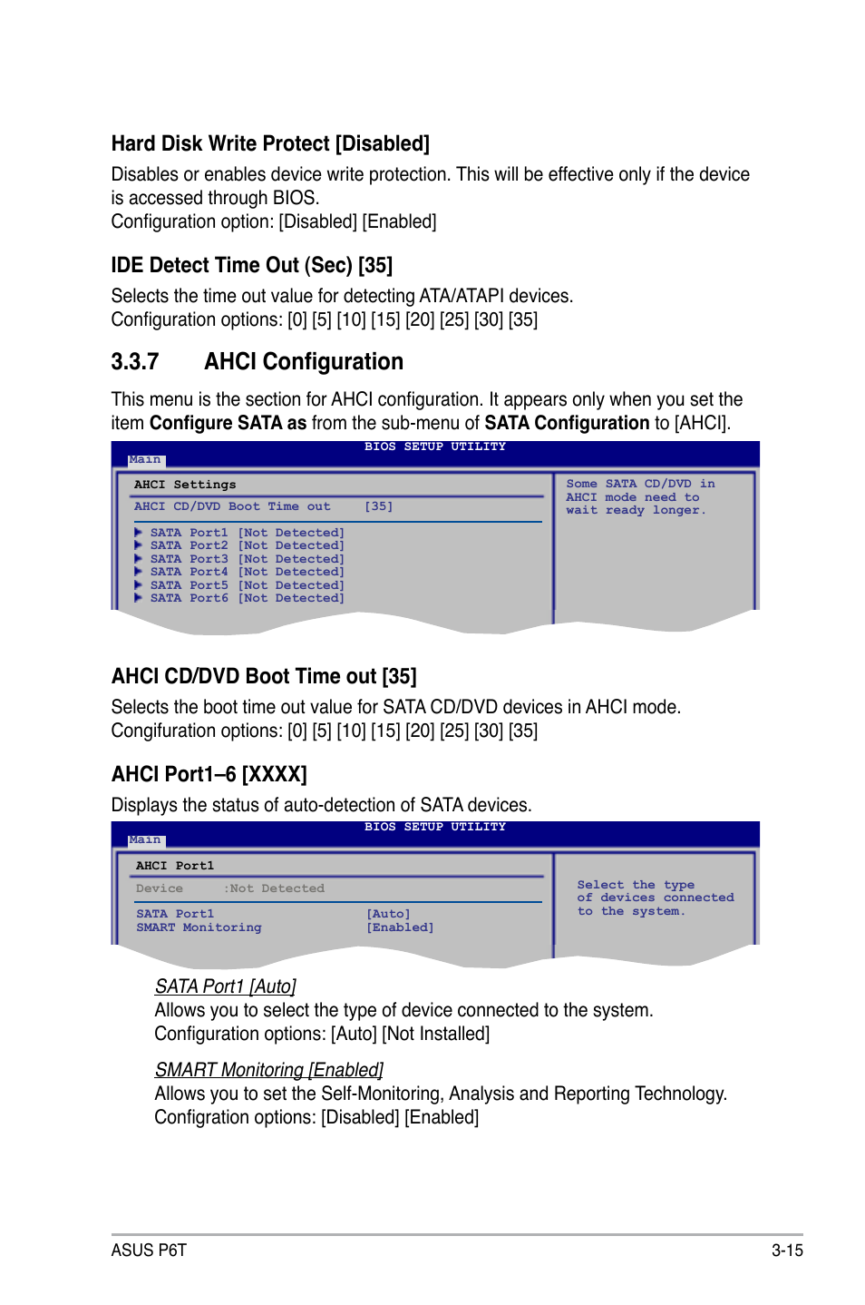 7 ahci configuration, Ahci configuration -15, Hard disk write protect [disabled | Ide detect time out (sec) [35, Ahci cd/dvd boot time out [35 | Asus P6T User Manual | Page 83 / 188