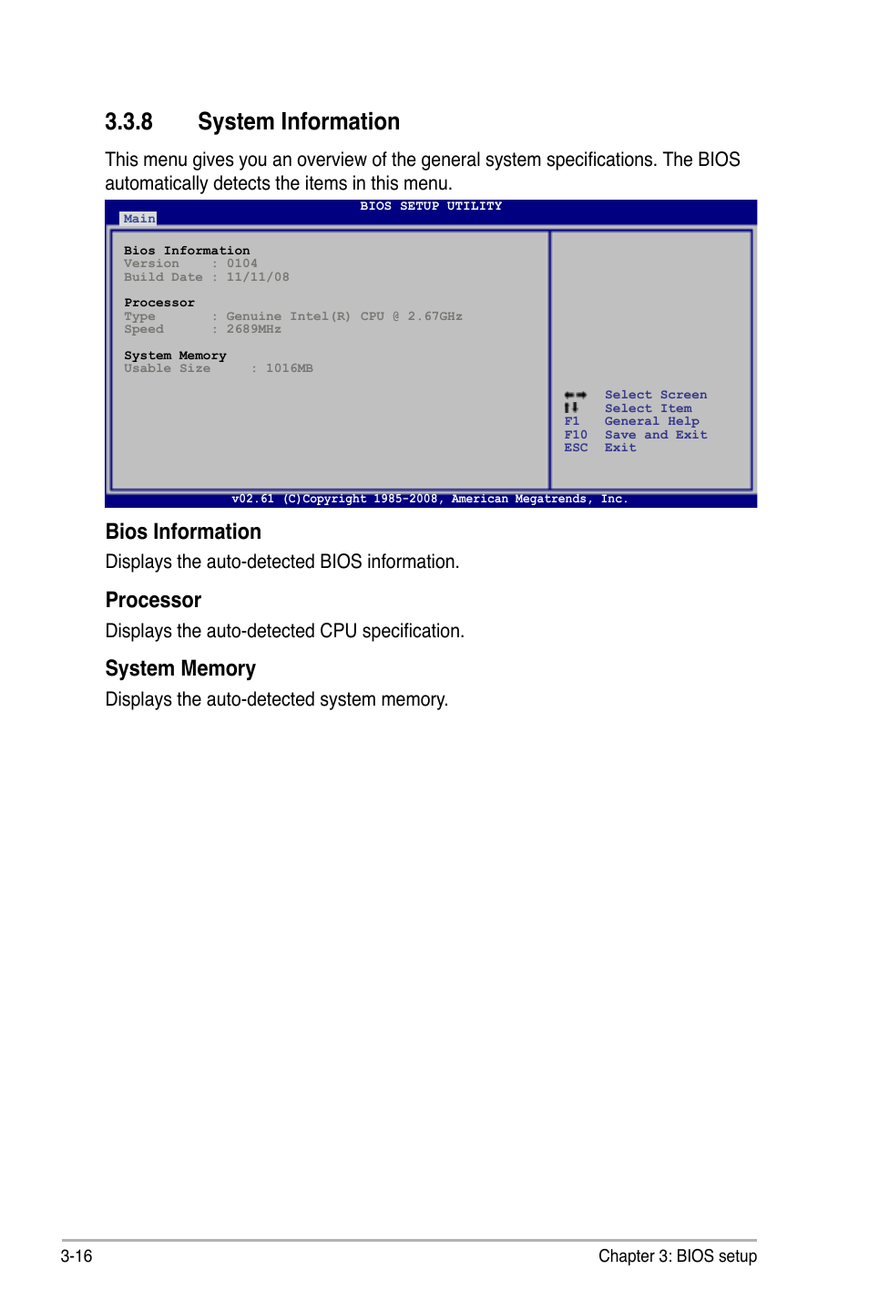 8 system information, System information -16, Bios information | Processor, Displays the auto-detected bios information, Displays the auto-detected cpu specification | Asus P6T User Manual | Page 84 / 188
