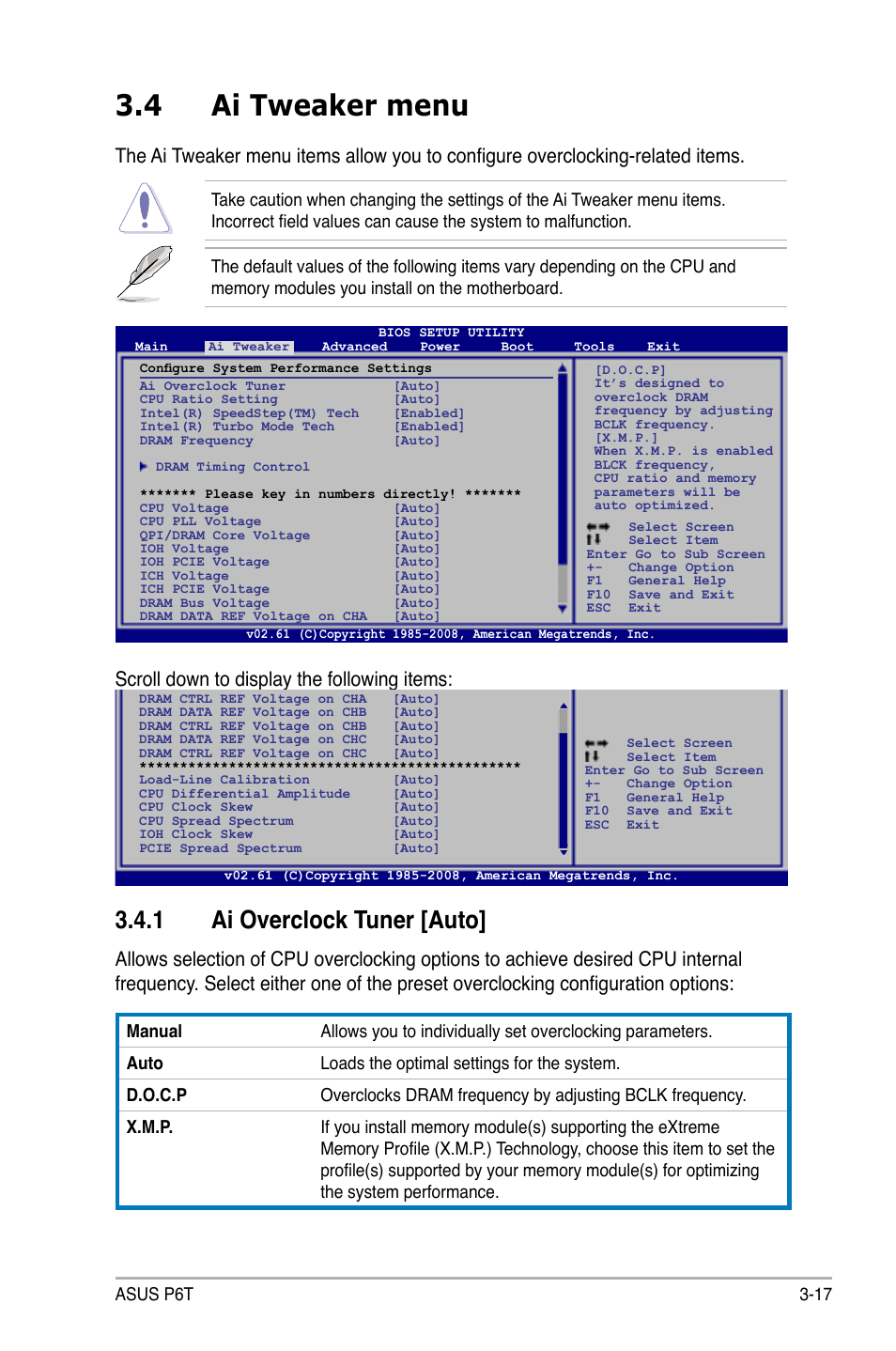 4 ai tweaker menu, 1 ai overclock tuner [auto, Ai tweaker menu -17 3.4.1 | Ai overclock tuner -17, Scroll down to display the following items, Asus p6t 3-17 | Asus P6T User Manual | Page 85 / 188