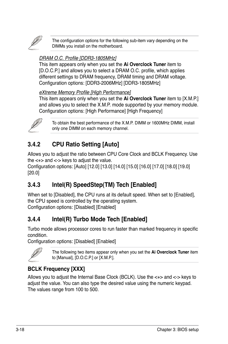 2 cpu ratio setting [auto, 3 intel(r) speedstep(tm) tech [enabled, 4 intel(r) turbo mode tech [enabled | Cpu ratio setting -18, Intel(r) speedstep(tm) tech -18, Intel(r) turbo mode tech -18 | Asus P6T User Manual | Page 86 / 188