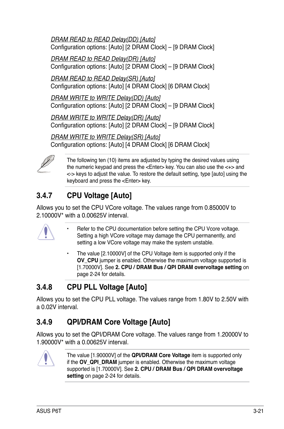 7 cpu voltage [auto, 8 cpu pll voltage [auto, 9 qpi/dram core voltage [auto | Cpu voltage -21, Cpu pll voltage -21, Qpi/dram core voltage -21 | Asus P6T User Manual | Page 89 / 188