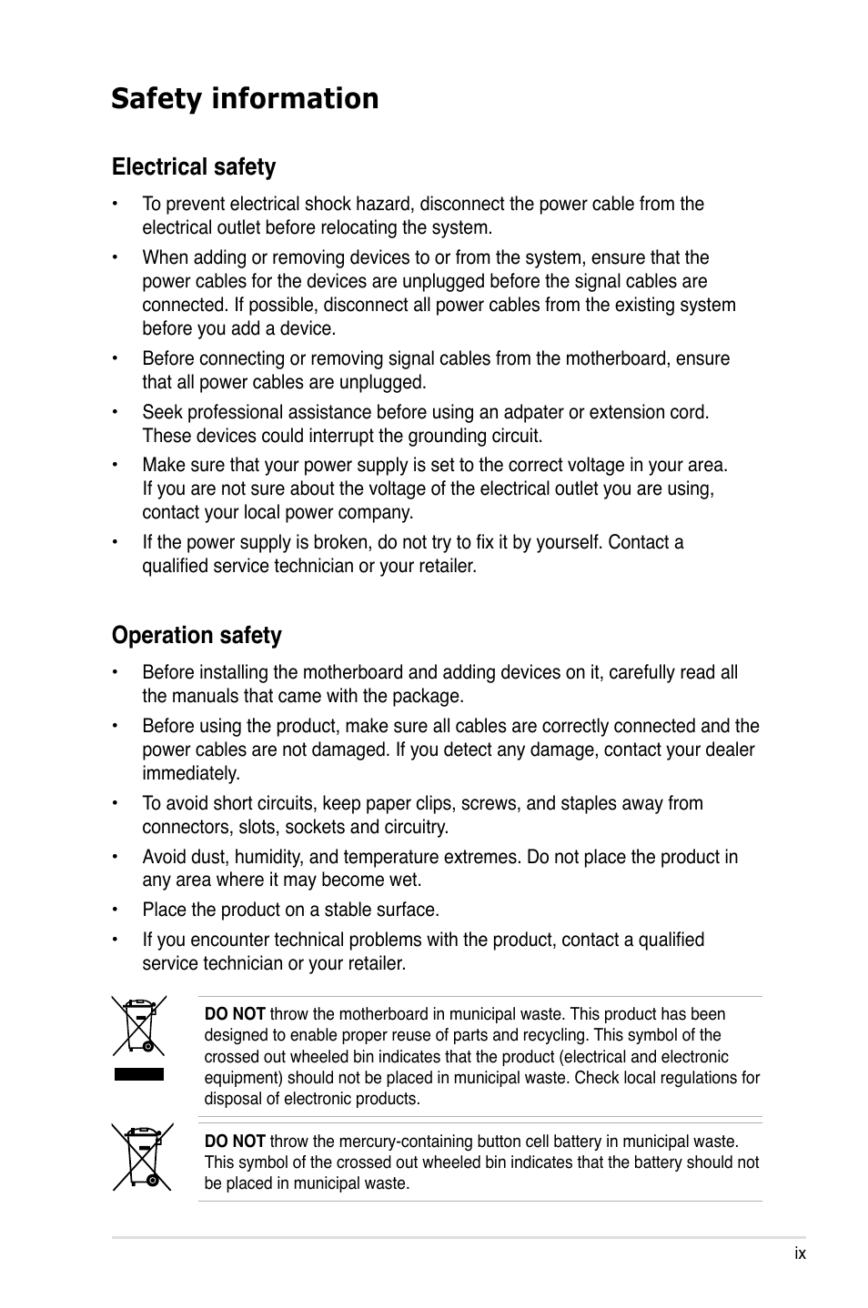 Safety information, Electrical safety, Operation safety | Asus P6T User Manual | Page 9 / 188