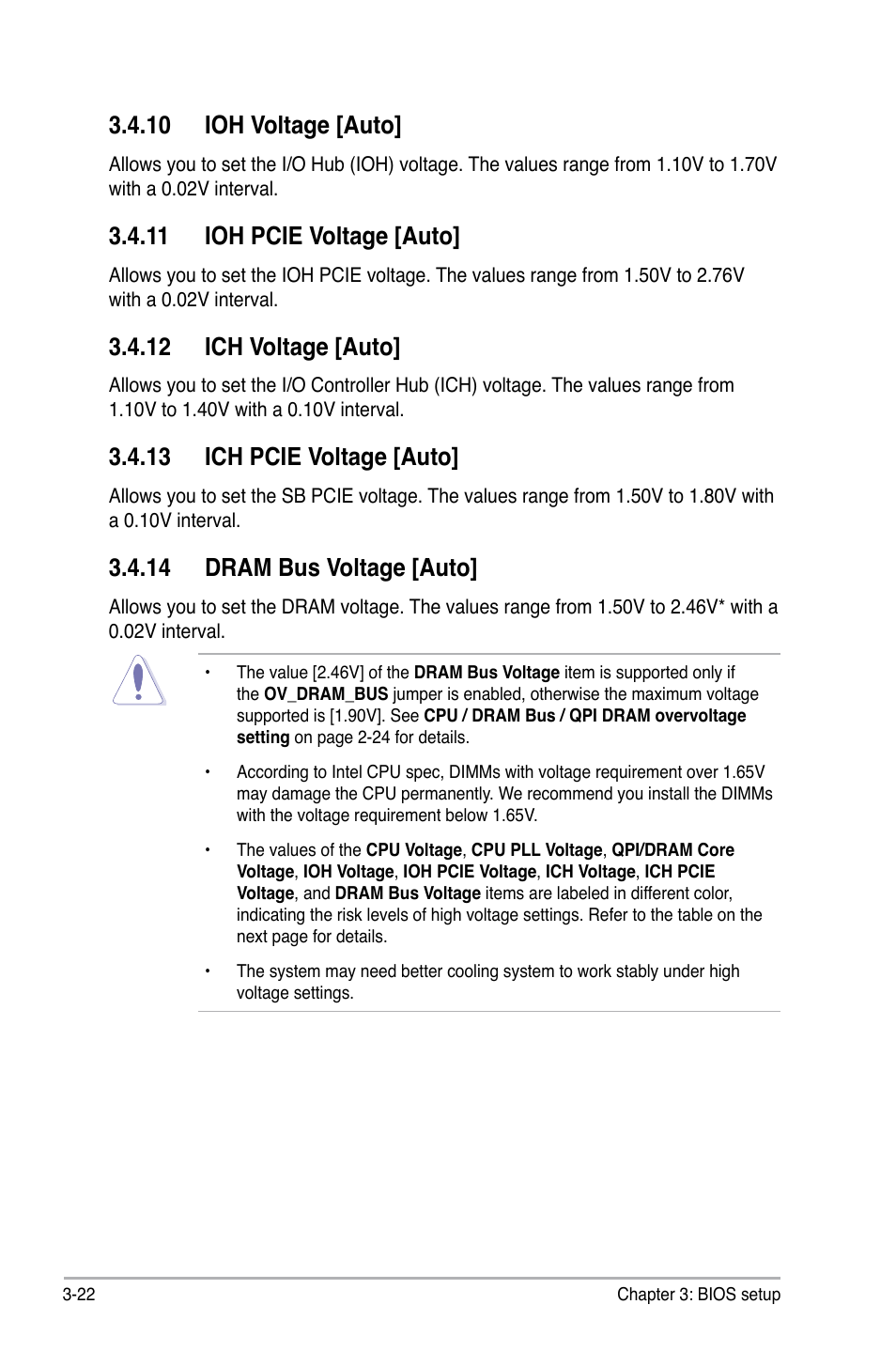 10 ioh voltage [auto, 11 ioh pcie voltage [auto, 12 ich voltage [auto | 13 ich pcie voltage [auto, 14 dram bus voltage [auto | Asus P6T User Manual | Page 90 / 188