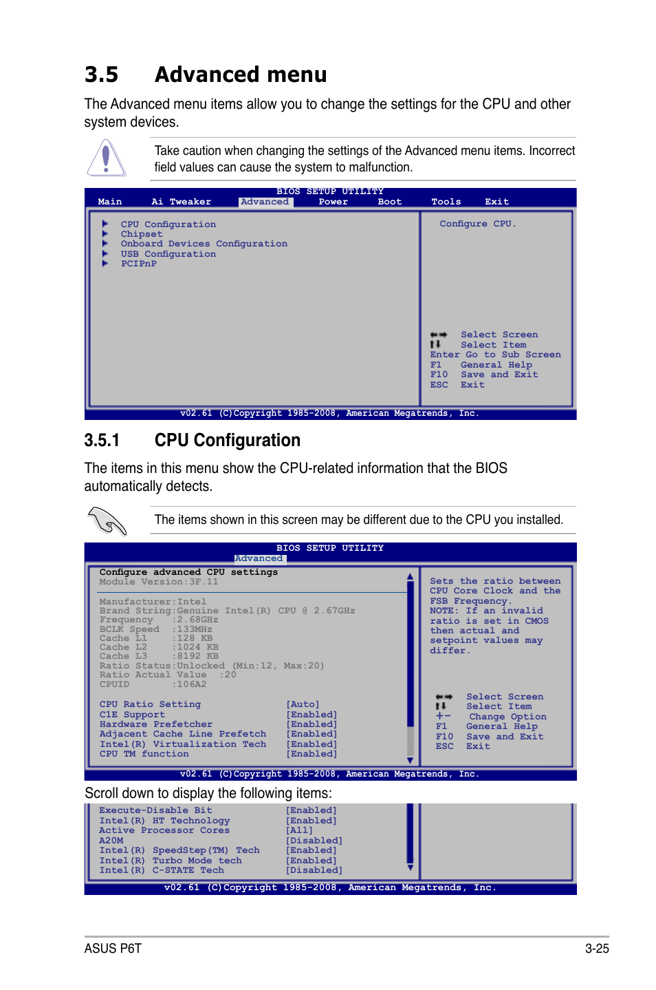 5 advanced menu, 1 cpu configuration, Advanced menu -25 3.5.1 | Cpu configuration -25, Scroll down to display the following items, Asus p6t 3-25 | Asus P6T User Manual | Page 93 / 188