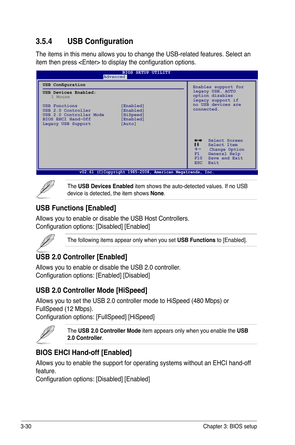 4 usb configuration, Usb configuration -30, Usb functions [enabled | Usb 2.0 controller [enabled, Usb 2.0 controller mode [hispeed, Bios ehci hand-off [enabled | Asus P6T User Manual | Page 98 / 188