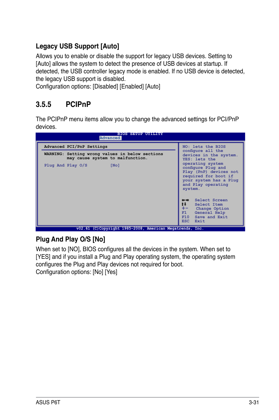 5 pcipnp, Pcipnp -31, Plug and play o/s [no | Legacy usb support [auto | Asus P6T User Manual | Page 99 / 188