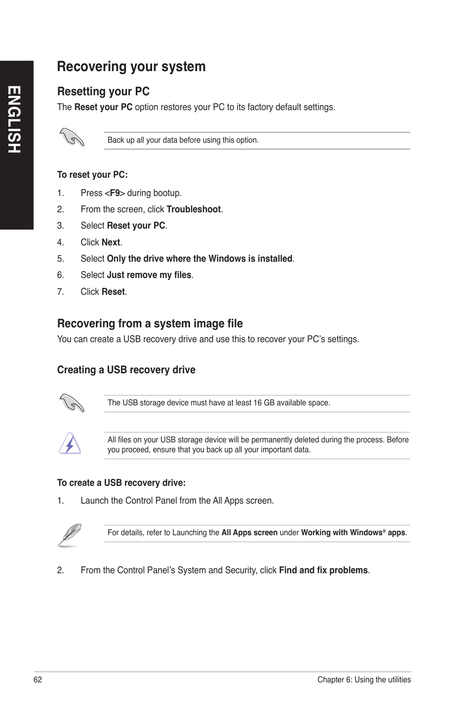Recovering your system, En gl is h en gl is h en gl is h en gl is h | Asus M51AC User Manual | Page 62 / 72