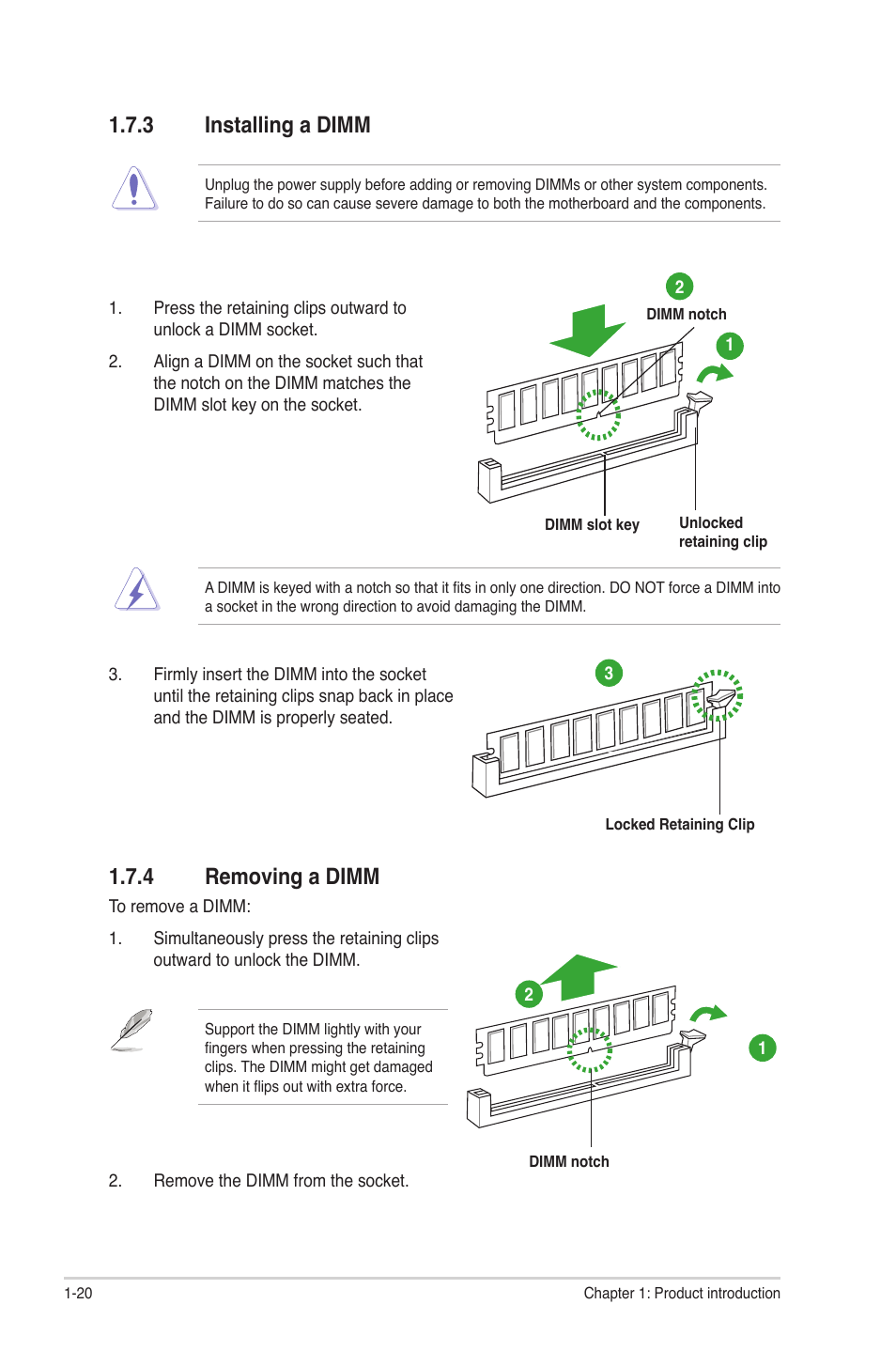 3 installing a dimm, 4 removing a dimm, Installing a dimm -20 | Removing a dimm -20 | Asus P8B75-M LX/TW User Manual | Page 30 / 76