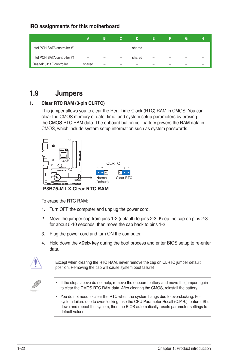 9 jumpers, Jumpers -22, Irq assignments for this motherboard | P8b75-m lx clear rtc ram | Asus P8B75-M LX/TW User Manual | Page 32 / 76