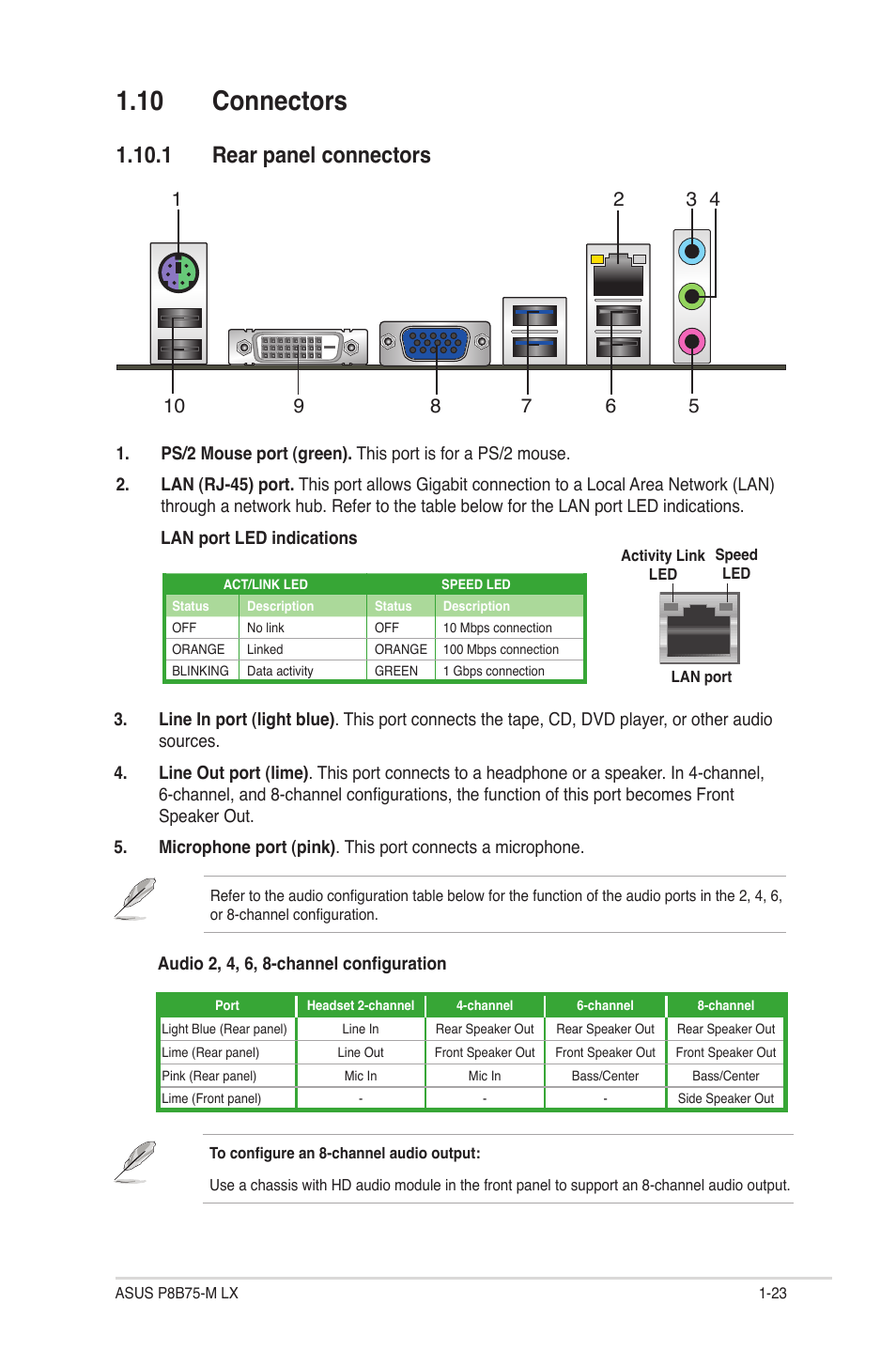 10 connectors, 1 rear panel connectors, 10 connectors -23 | 1 rear panel connectors -23 | Asus P8B75-M LX/TW User Manual | Page 33 / 76