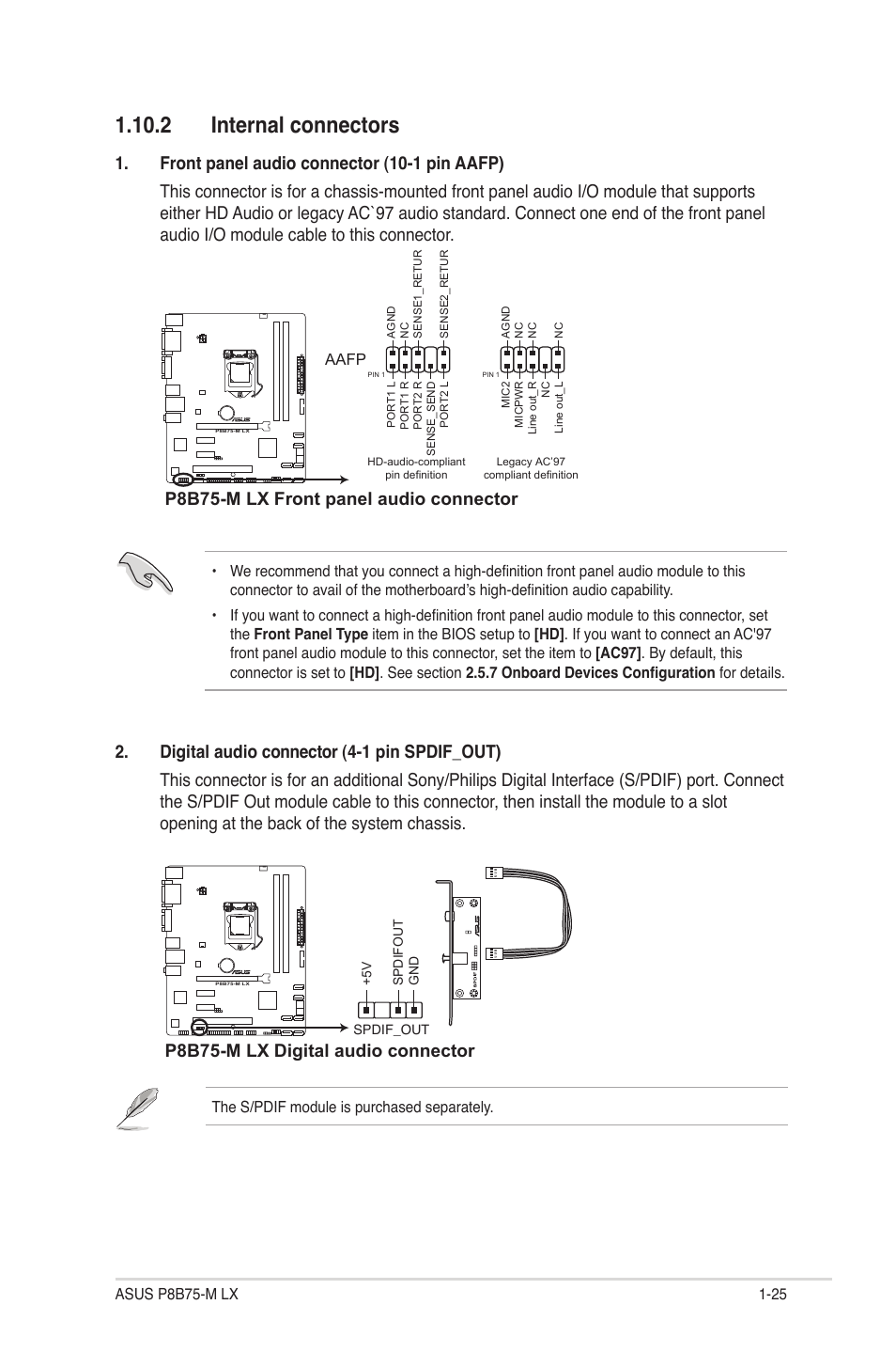 2 internal connectors, 2 internal connectors -25, P8b75-m lx front panel audio connector | P8b75-m lx digital audio connector | Asus P8B75-M LX/TW User Manual | Page 35 / 76